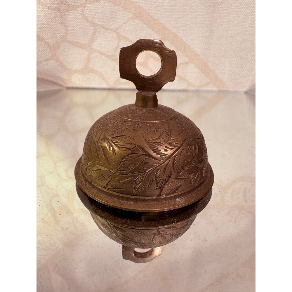 Vintage Etched Brass Leaf Pattern Hand Bell Made in India Domed Aged Patina